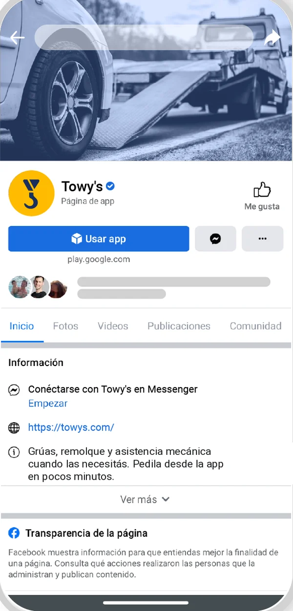 Página de Facebook de Towy’s con una foto de una grúa de portada.