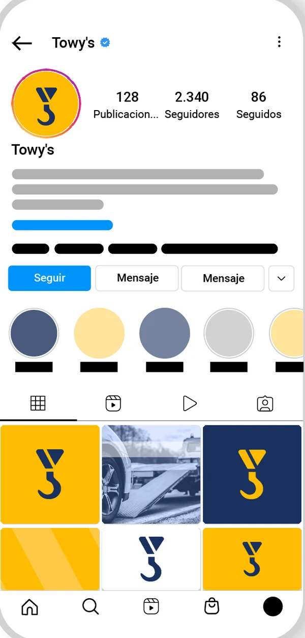 Perfil de Instagram de Towy’s con el isotipo sobre amarillo y un feed de piezas de marca en amarillo y azul.