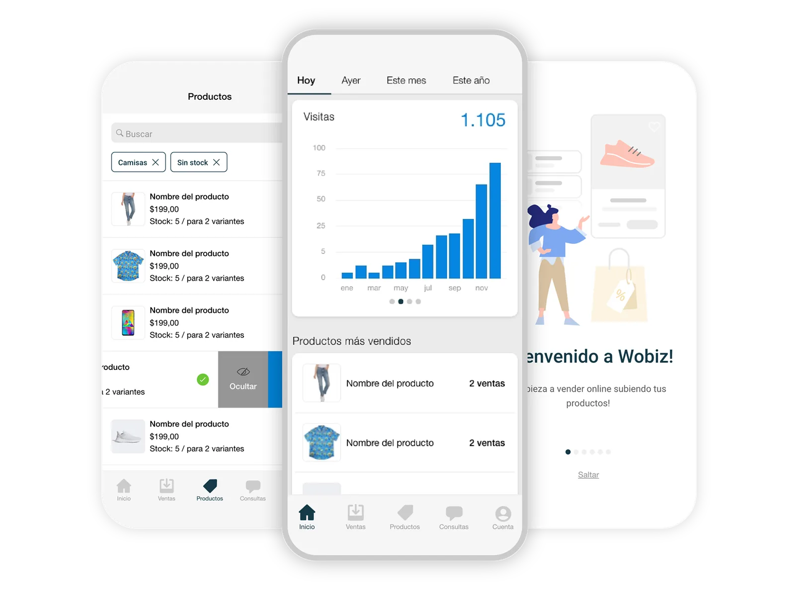 Tres pantallas de la app de Wobiz: listado de productos, inicio con las visitas del día y bienvenida.