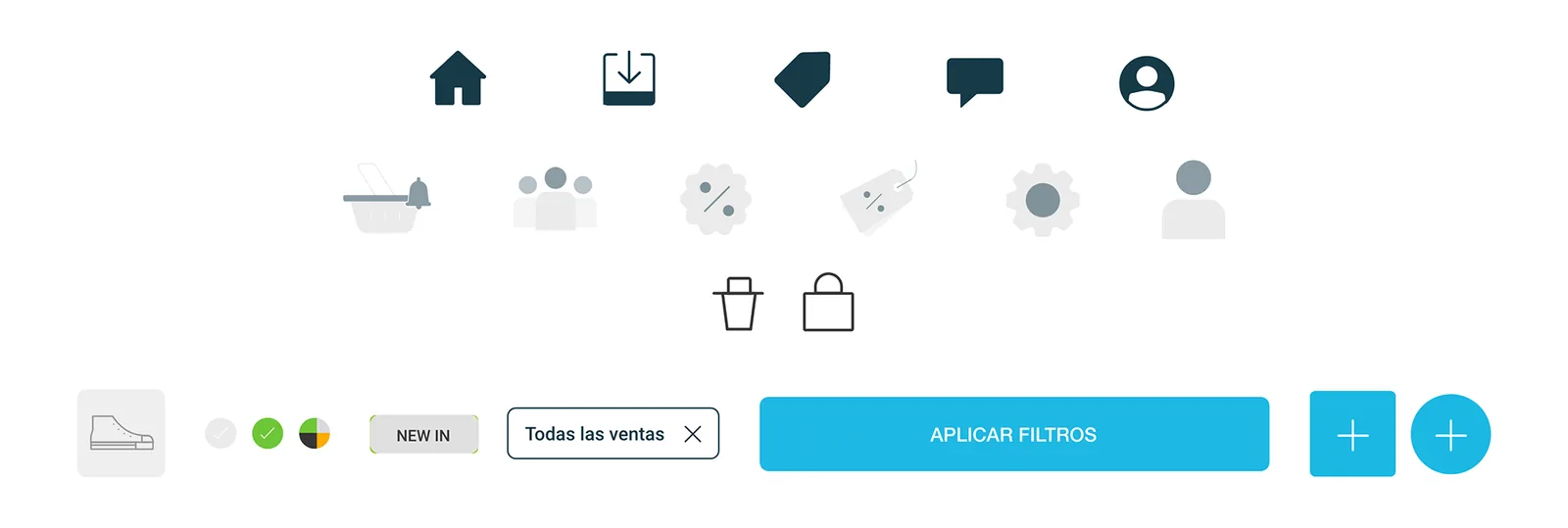 Íconos de navegación y de secciones, chips de filtro y botones de la app.