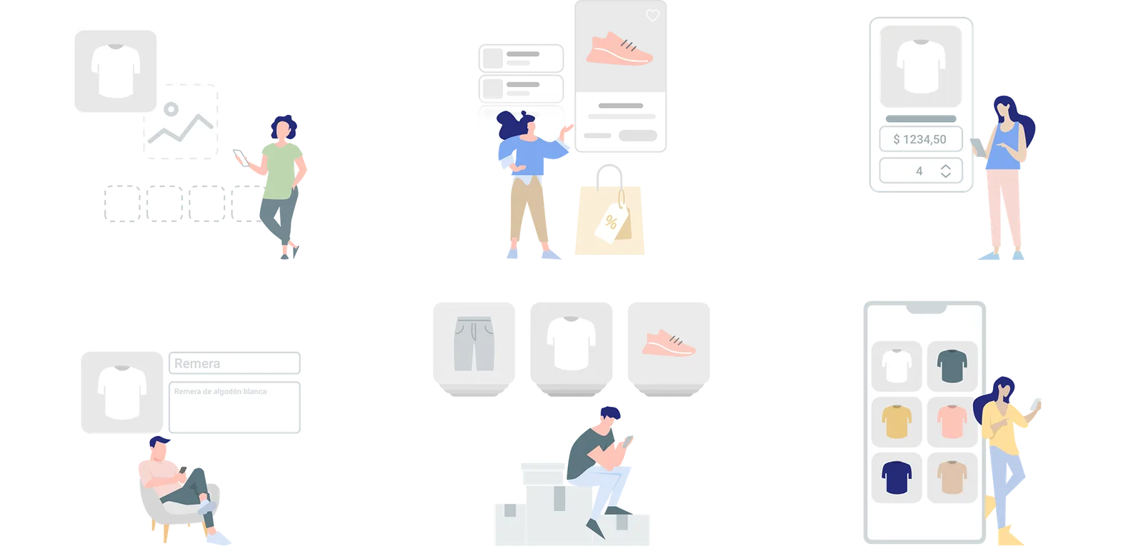 Seis ilustraciones de personas cargando productos, armando su tienda y vendiendo desde el celular.