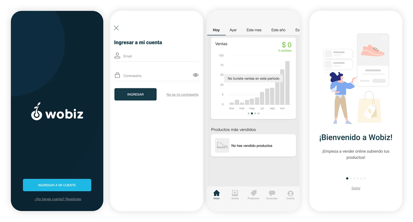 Cuatro pantallas: inicio de la app, ingreso a la cuenta, inicio con ventas sin datos y bienvenida ilustrada.