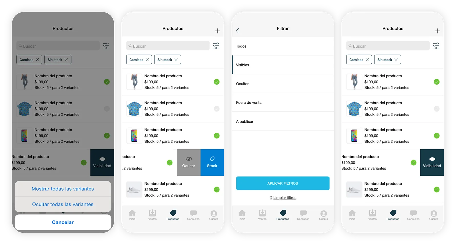 Cuatro pantallas del listado de productos: acciones al deslizar, filtros por estado y opciones de visibilidad de variantes.