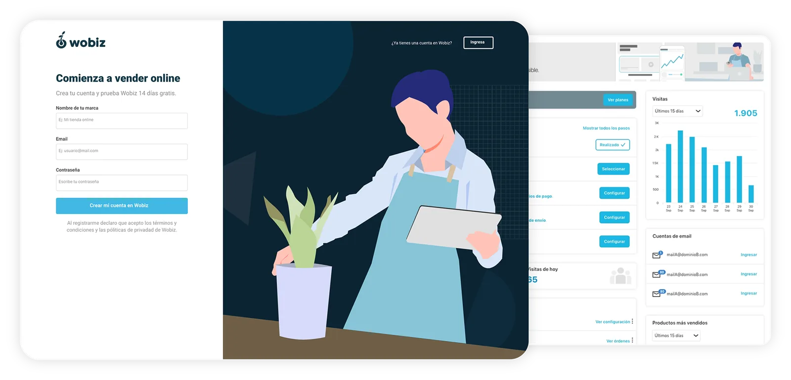 Registro en Wobiz con prueba gratis de 14 días, junto al inicio del panel de administración.