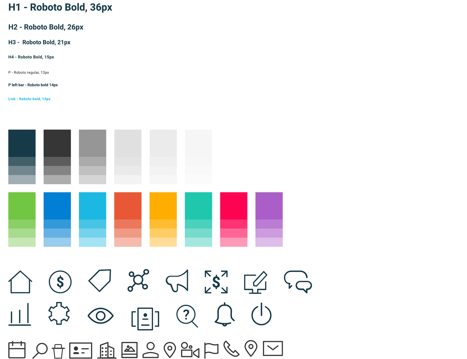 Escala tipográfica en Roboto, paleta de colores con sus variaciones e íconos del panel.