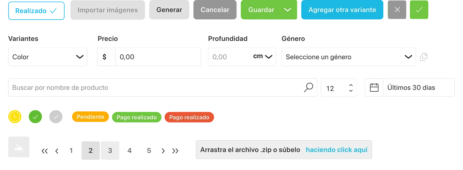 Componentes: botones, selectores, campos, buscador, estados de pago, paginación y carga de archivos.