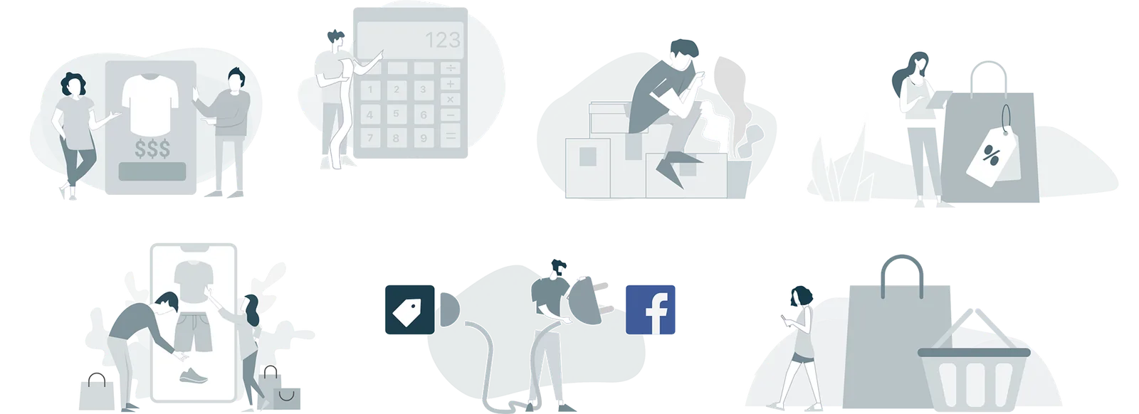 Siete ilustraciones de personas vendiendo, calculando, preparando envíos y conectando su tienda con redes sociales.