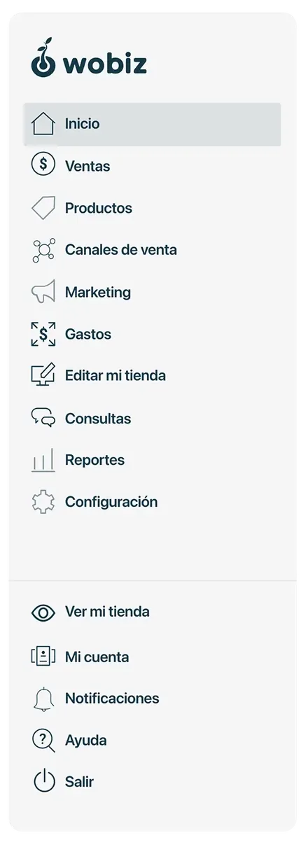 Menú lateral del panel: inicio, ventas, productos, canales de venta, marketing, gastos, editar mi tienda, consultas, reportes y configuración.