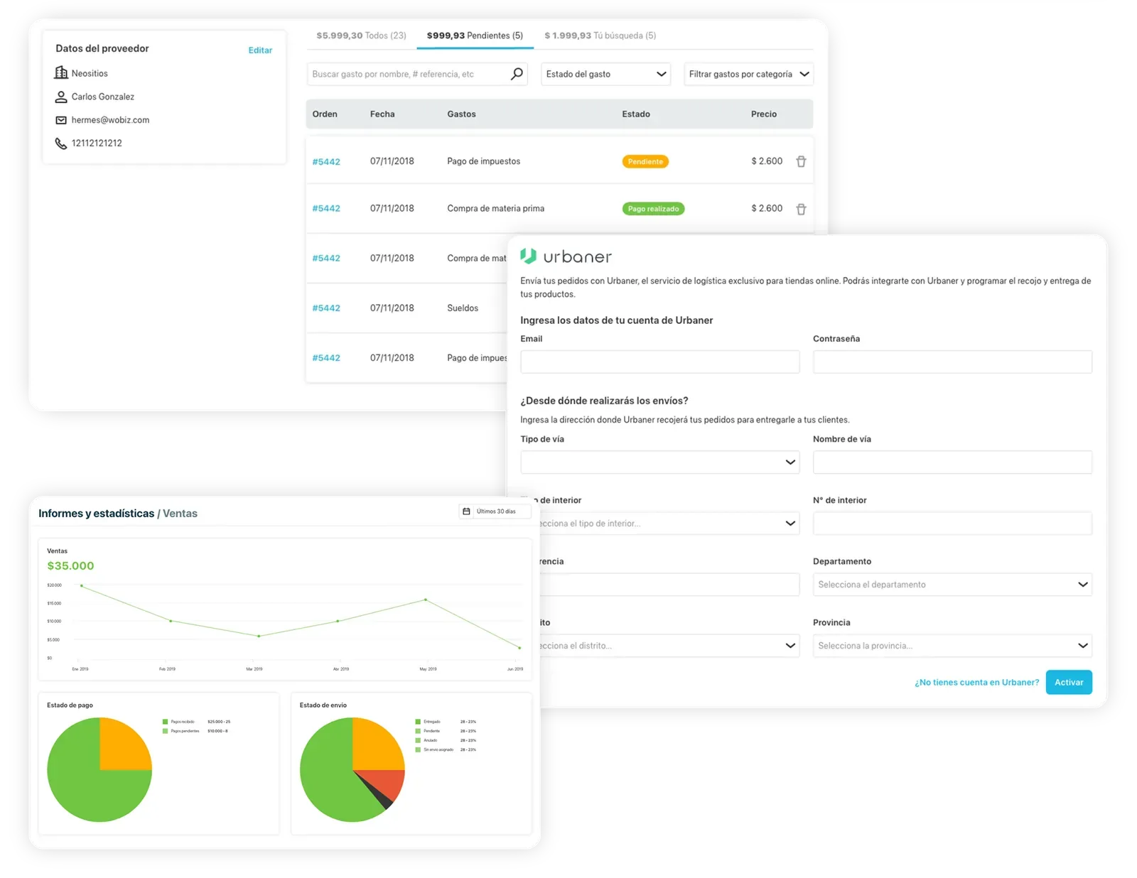 Listado de gastos con estados, configuración de una integración de logística y reportes de ventas con gráficos de estado de pago y de envío.