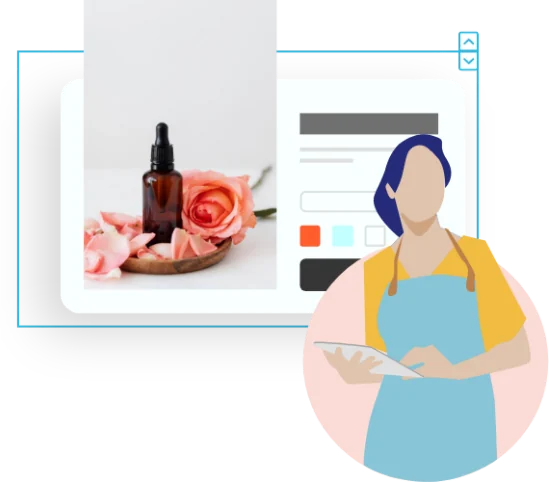 Ilustración de una emprendedora con su tablet junto a su tienda online.