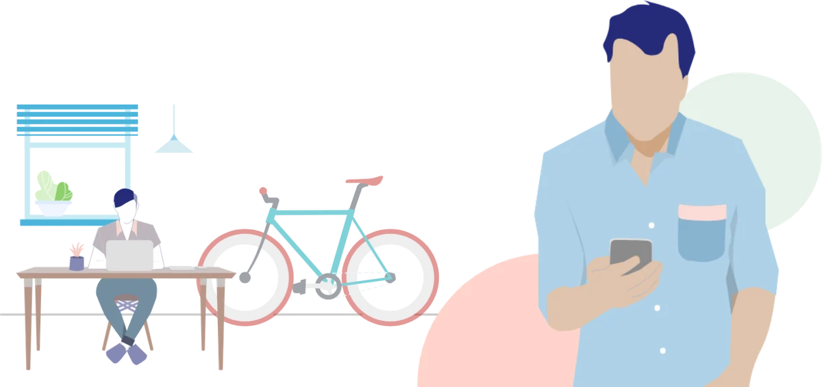 Escena ilustrada: una persona trabajando en su escritorio, una bicicleta y un cliente con su celular.