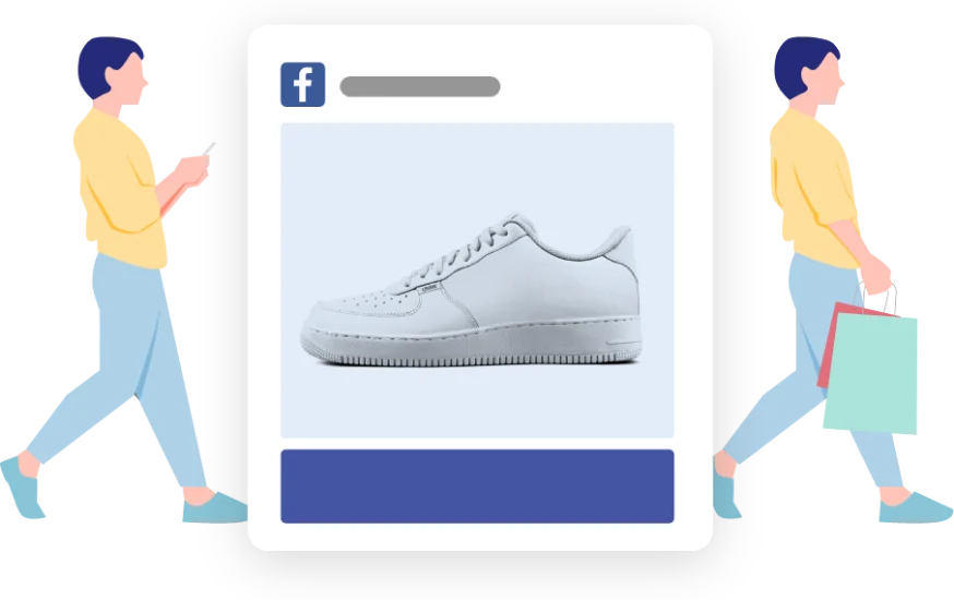 Ilustración de dos personas comprando desde una publicación en redes.
