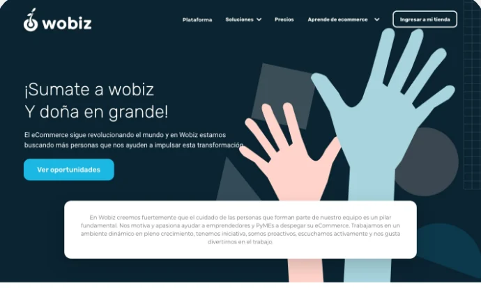 Página Súmate a Wobiz, con ilustración de manos.