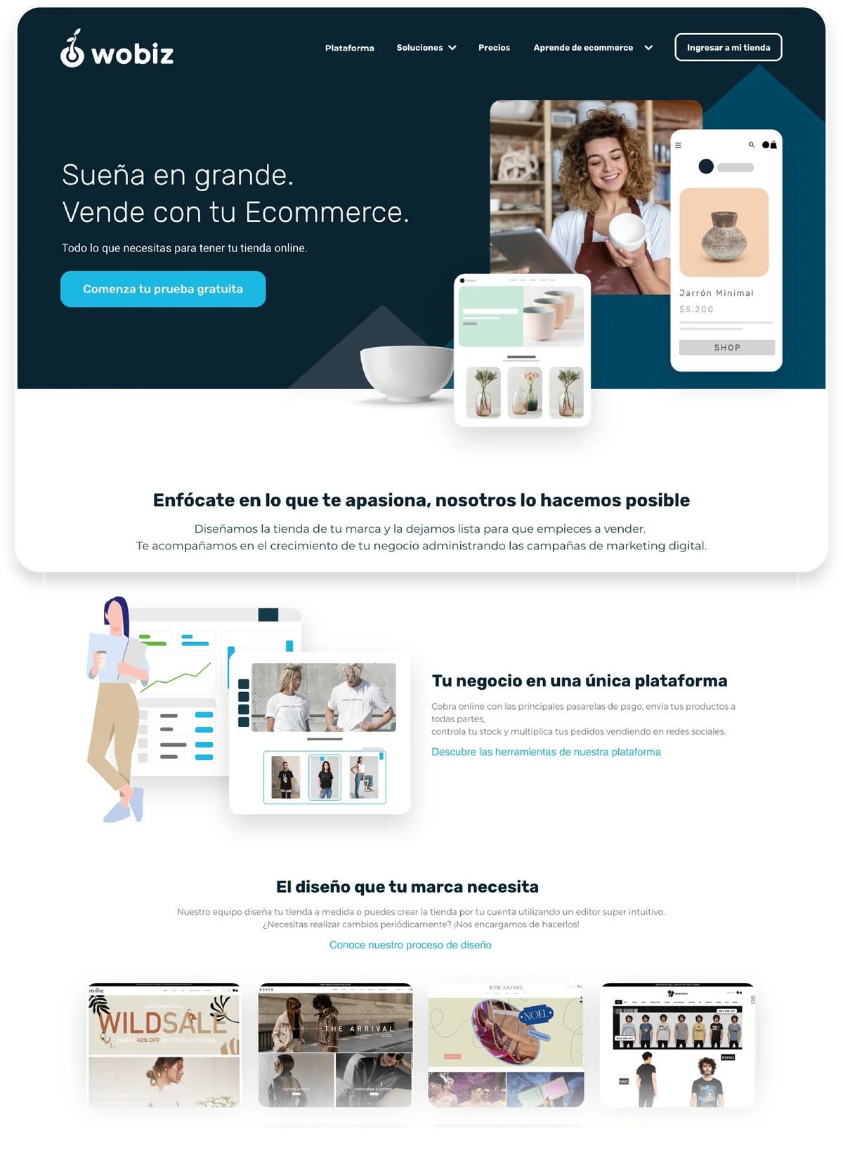 Layout completo de la home del portal de Wobiz: hero, plataforma, diseño de tiendas, campañas, historias de éxito y app.