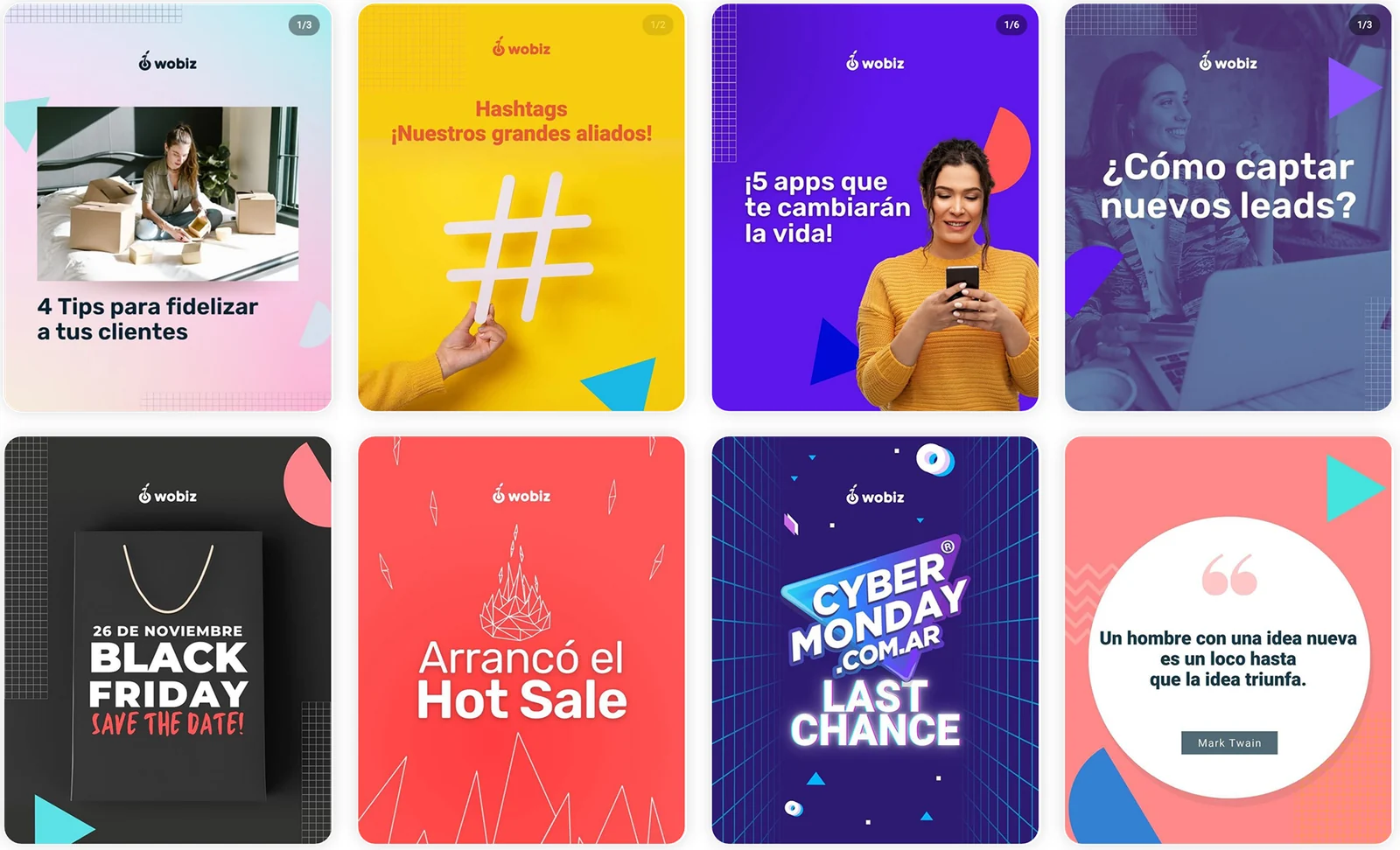 Ocho posteos de Wobiz: tips, hashtags, Black Friday, Hot Sale y Cyber Monday.