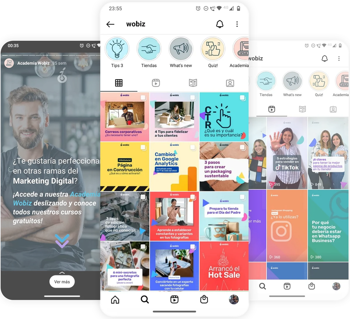 Stories y feed de Instagram de Wobiz en celulares.